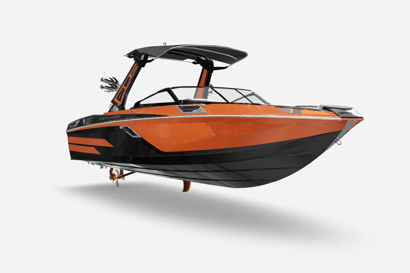 An orange and black wakesurf boat on a white background.
