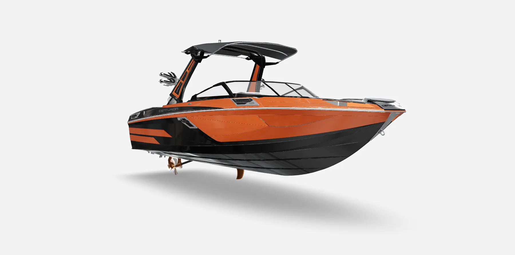An orange and black wakesurf boat on a white background.