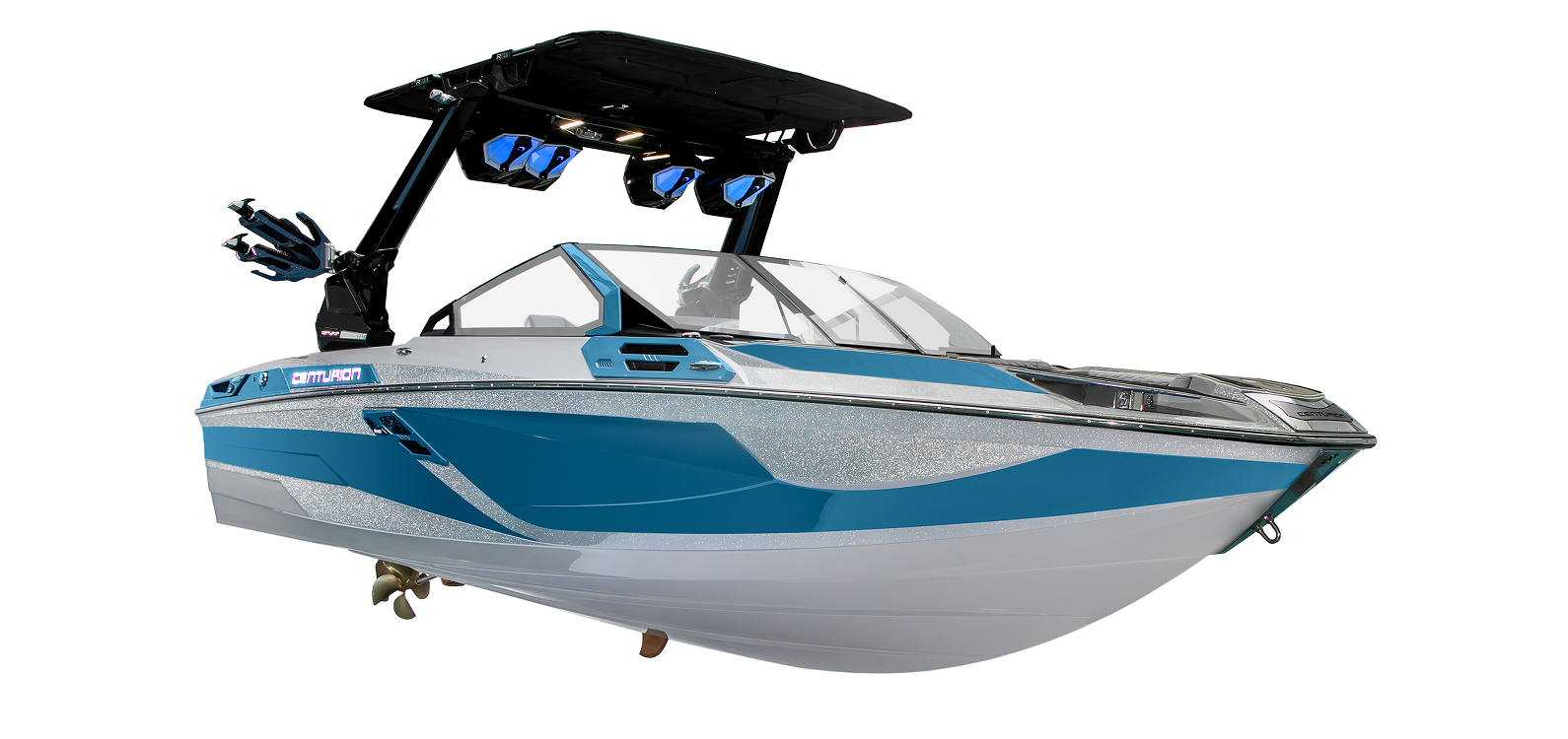 A blue and white Centurion Ri230 wakeboard boat with a black tower, speakers, and mounted racks, viewed from the front side on a white background.