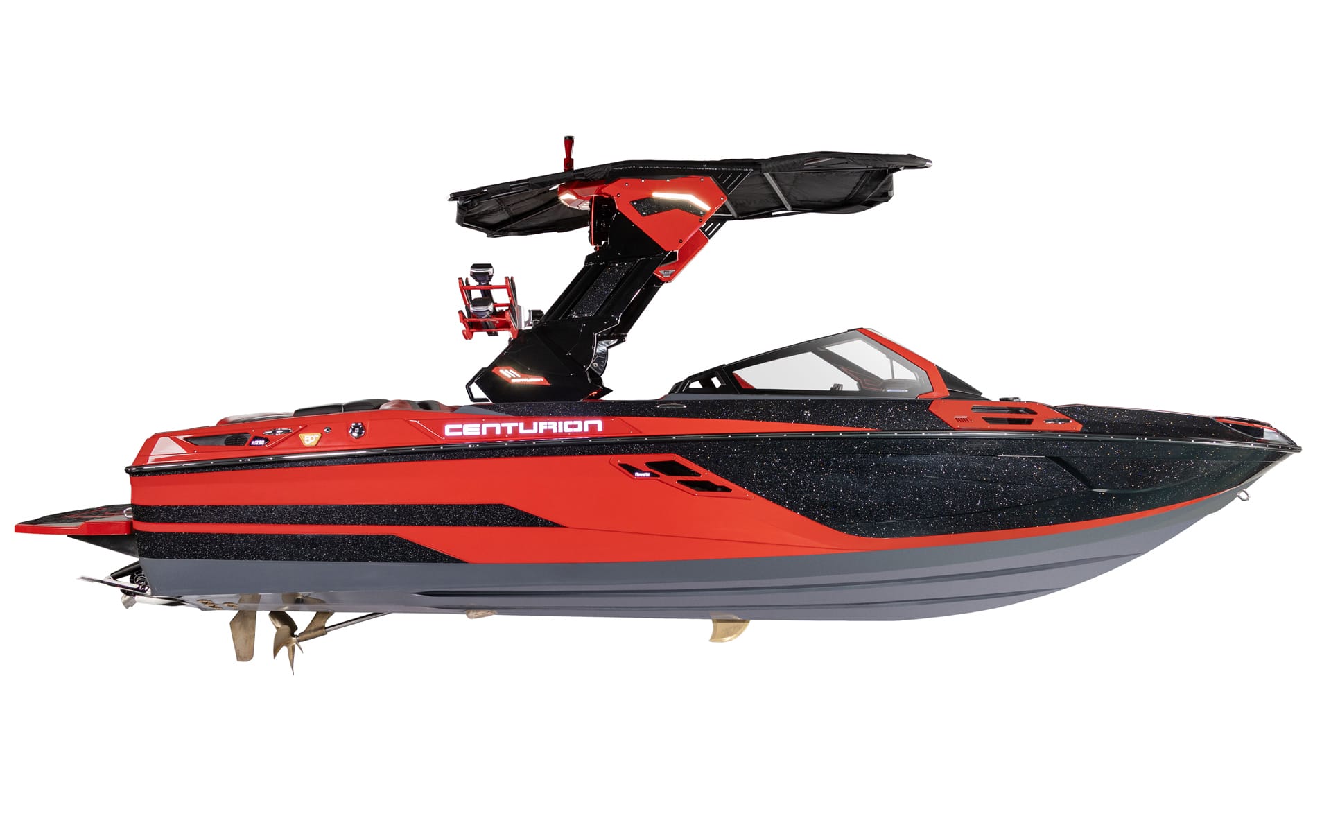 A red and black Centurion Ri230 wakeboard boat with a tower and bimini top, shown from the side on a white background.