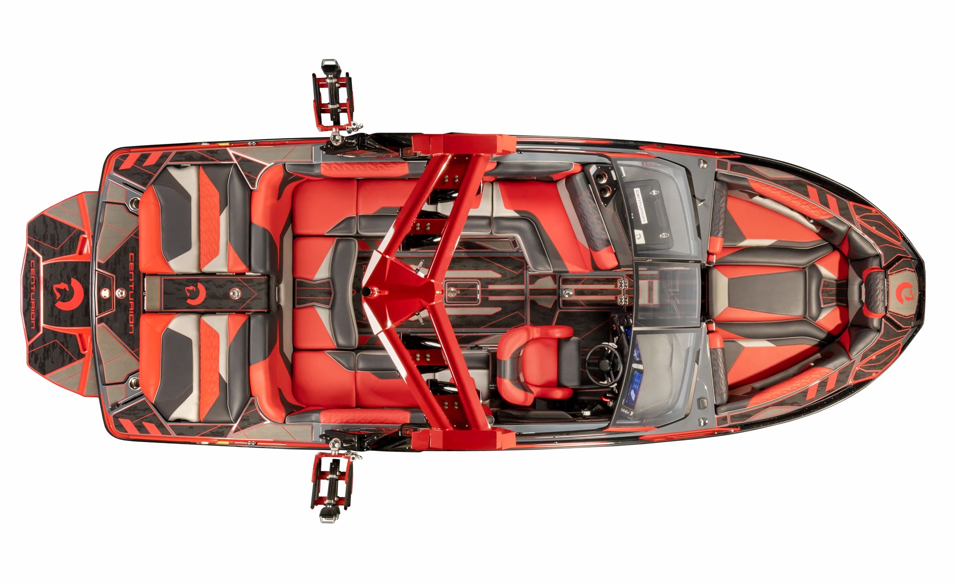 Top view of the Centurion Ri230 Surf Boat with a sleek black and red interior, featuring spacious seating, steering area, and wakeboard racks on both sides.