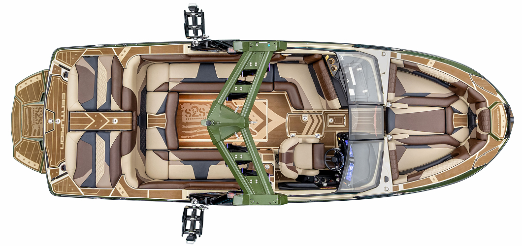 Top-down view of a luxury Centurion Ri230 wake boat with brown and tan cushioned seating, green trim, a central control console, and two wakeboard racks on either side.
