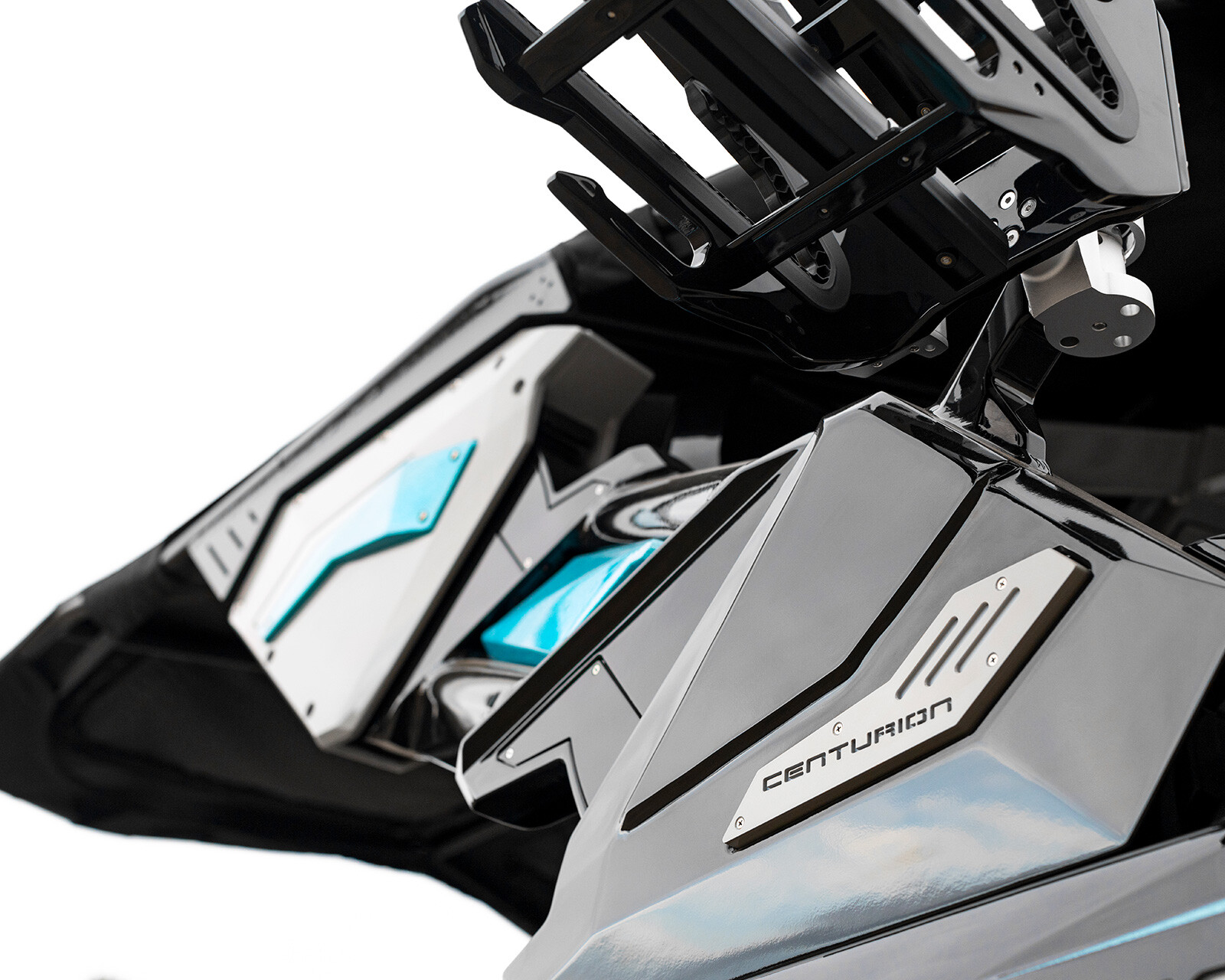 Close-up view of a black and silver Centurion Ri245 wake tower with turquoise accents and the brand name 