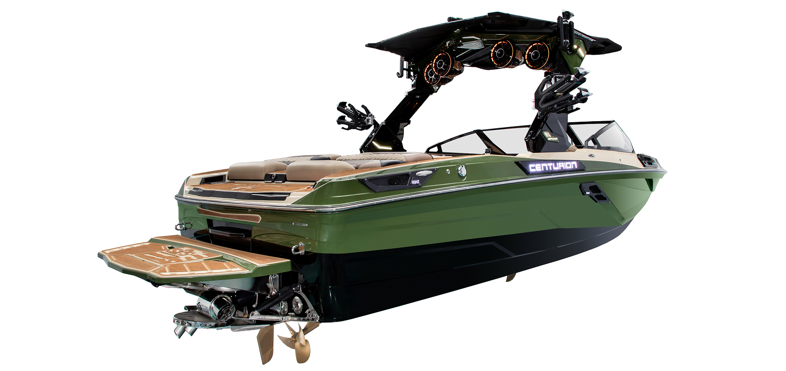 Green and black Centurion Ri245 with tan accents, tower speakers, and a swim platform, viewed from the rear side angle.