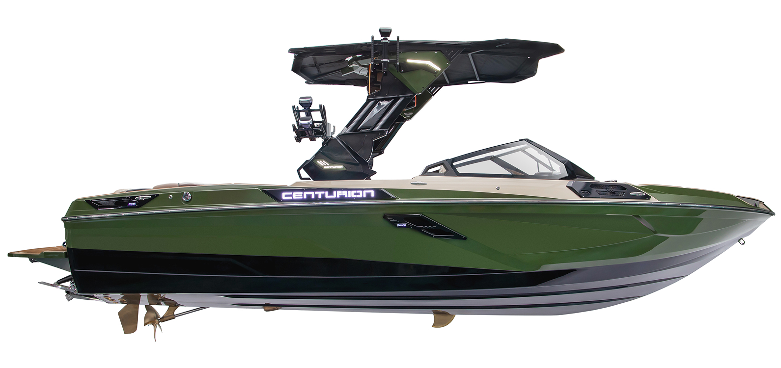 A green Centurion Ri245 speedboat with a black tower, windshield, and seating area, viewed from the side against a white background.