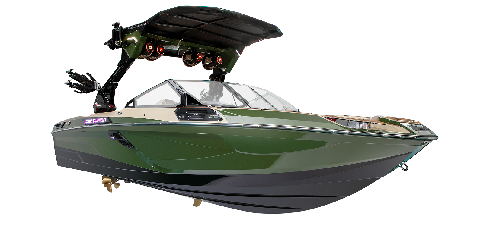 A green and black modern Centurion Ri245 speedboat with a raised wakeboard tower, speakers, and a windshield, shown on a white background.