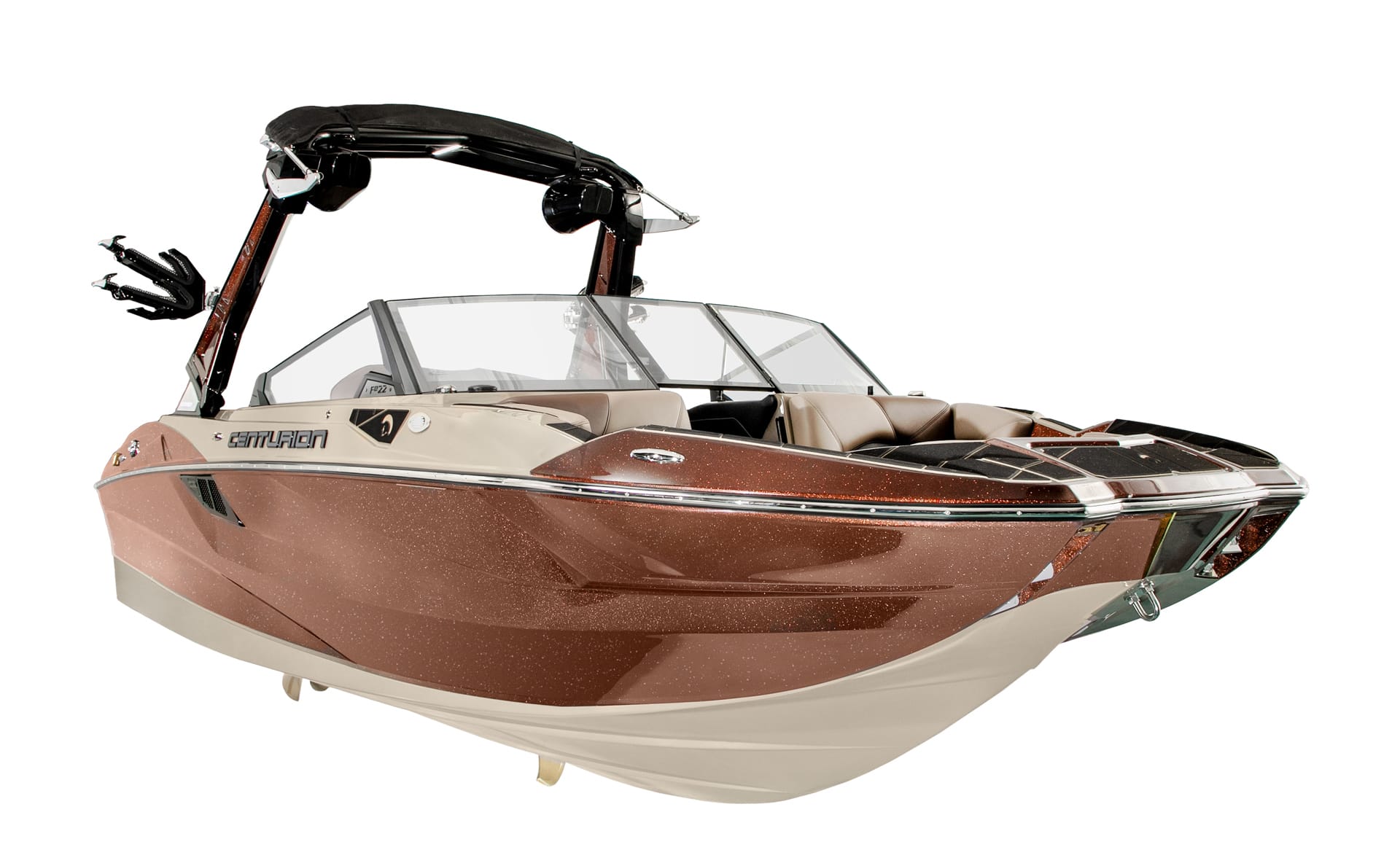 A modern brown and beige Centurion Fi23 surf boat with a wakeboard tower, windshield, and seating, photographed on a white background.