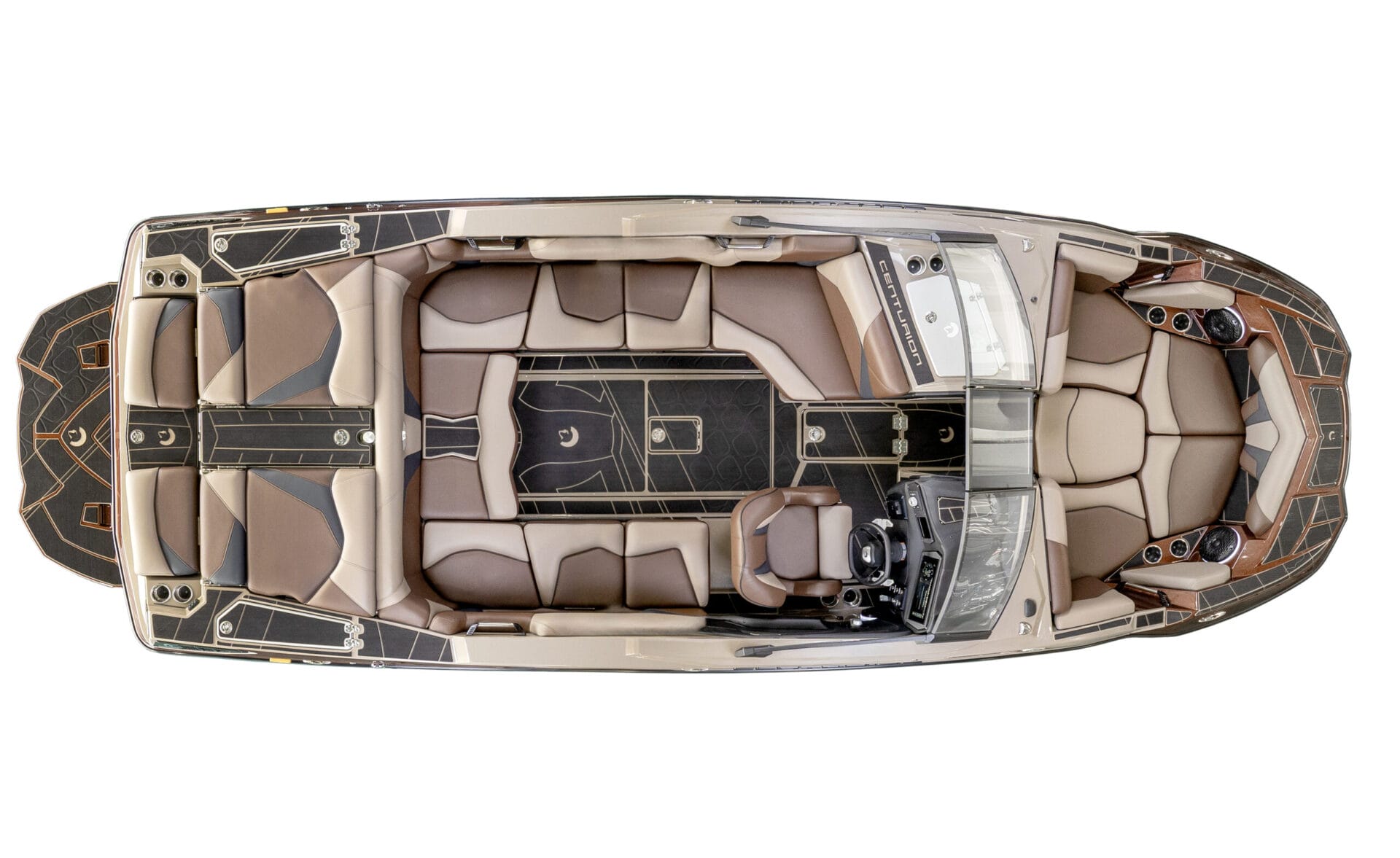 Overhead view of a modern Centurion Fi23 motorboat with brown cushioned seating, a central aisle, and a helm with controls at the front right.