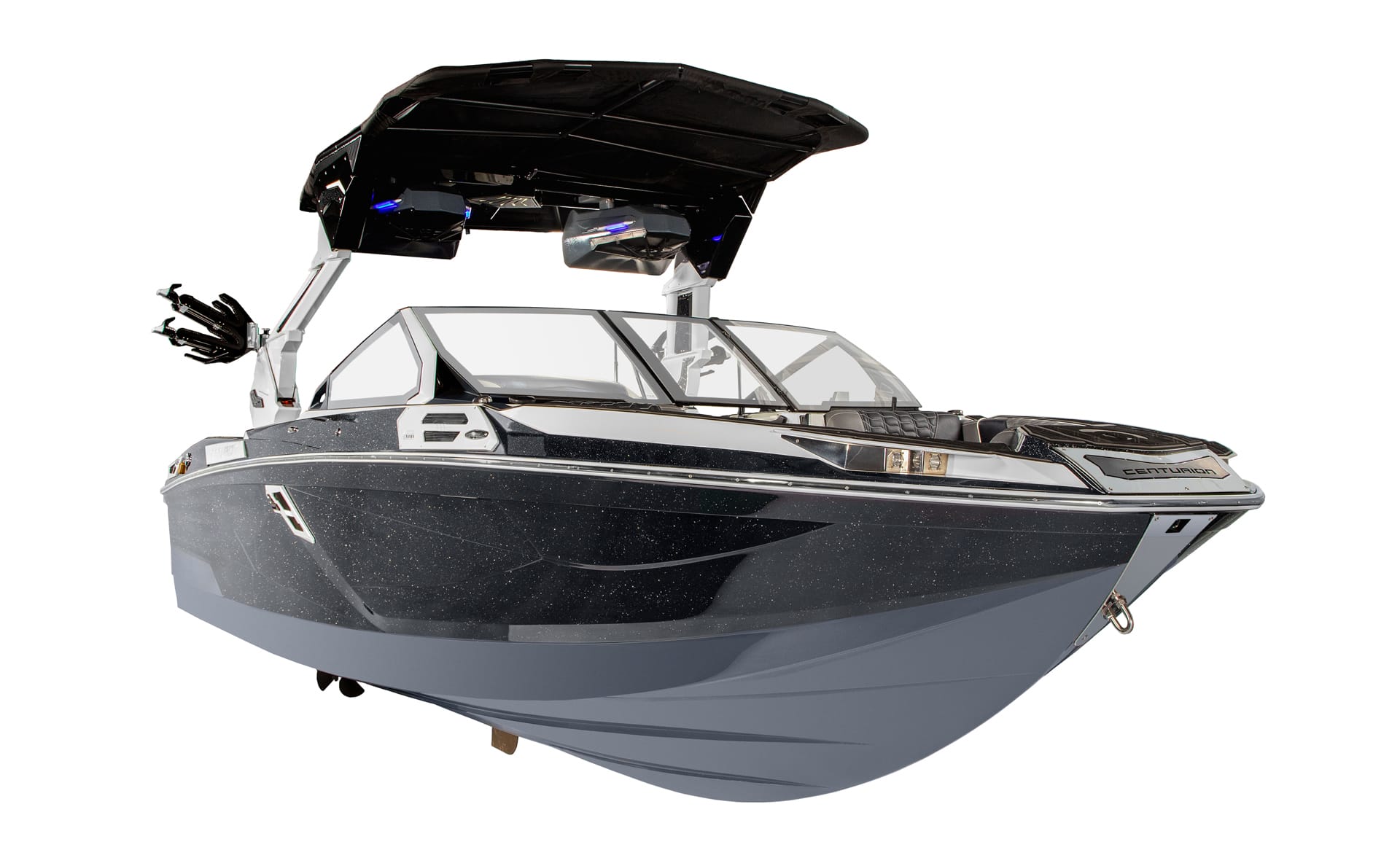 A modern black and gray Centurion Ri265 speedboat with an open cockpit, tinted windshield, and a black canopy, viewed from the front-left angle.