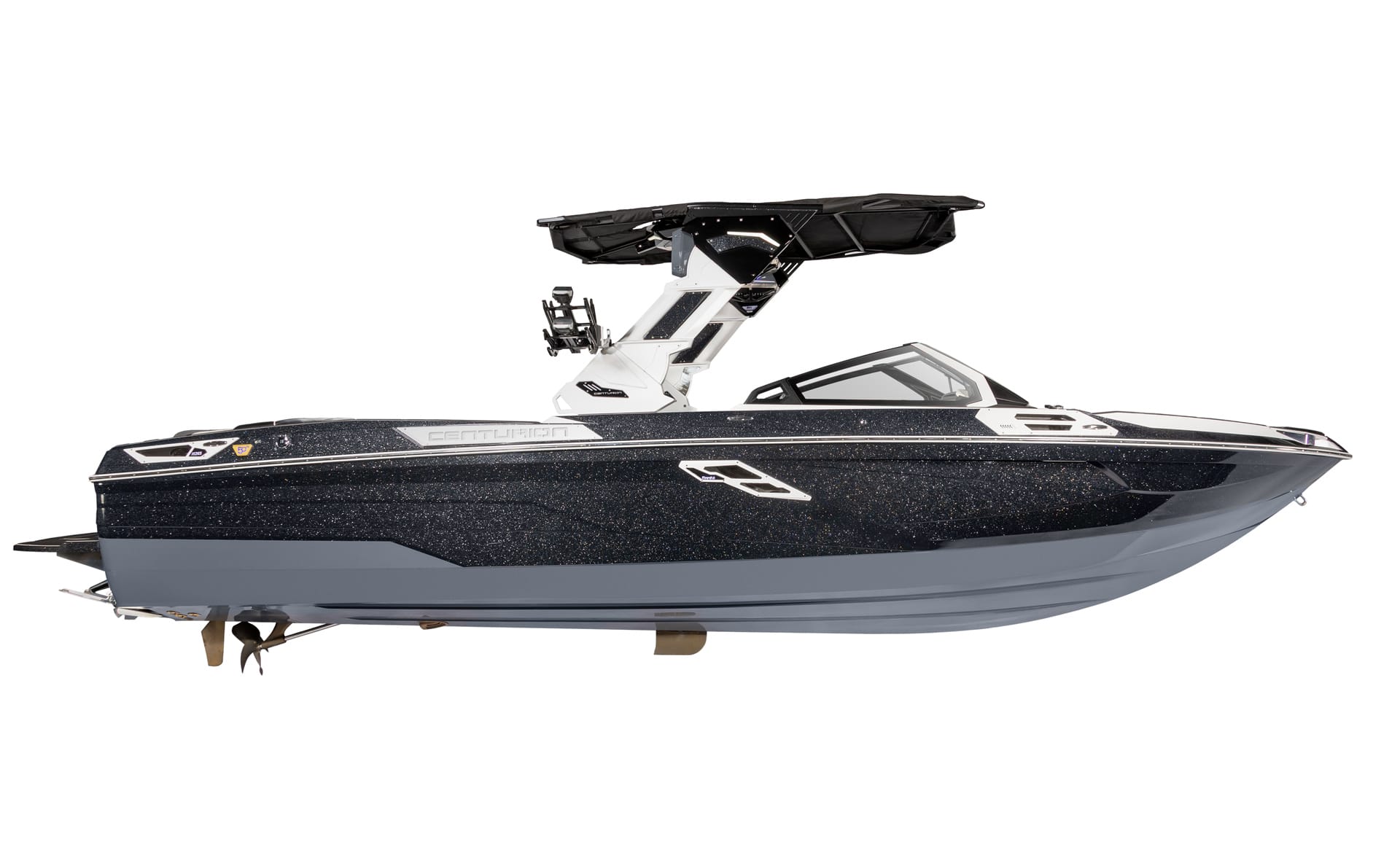 A black and gray Centurion Ri265 wakeboard boat with a tower and board racks, shown in profile against a white background.