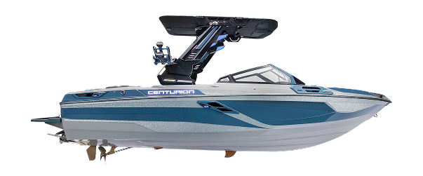 A blue and gray Centurion Ri245 Surf Boat with a black wakeboard tower, photographed from the side against a white background.