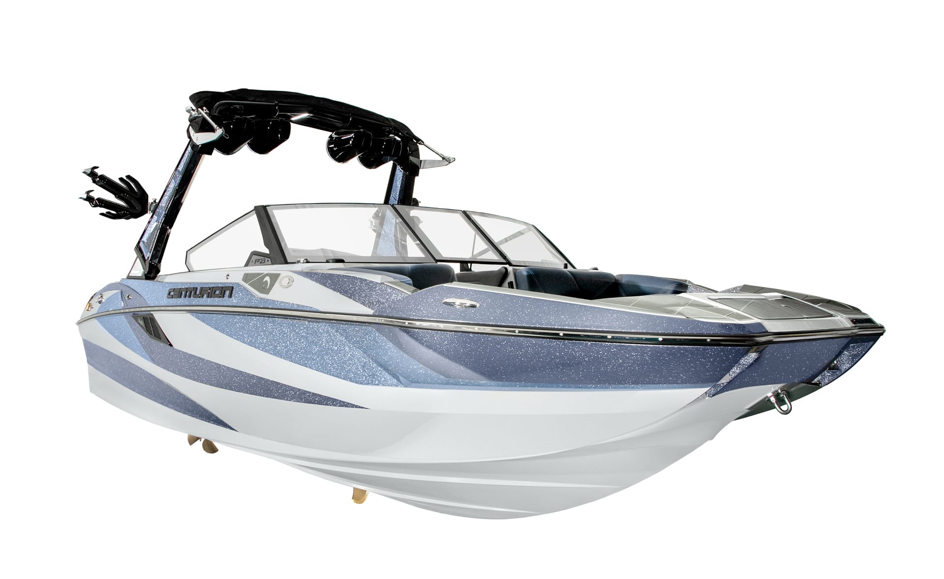 A blue and white Centurion Fe22 wakeboard boat with a black wakeboard tower, photographed on a white background.