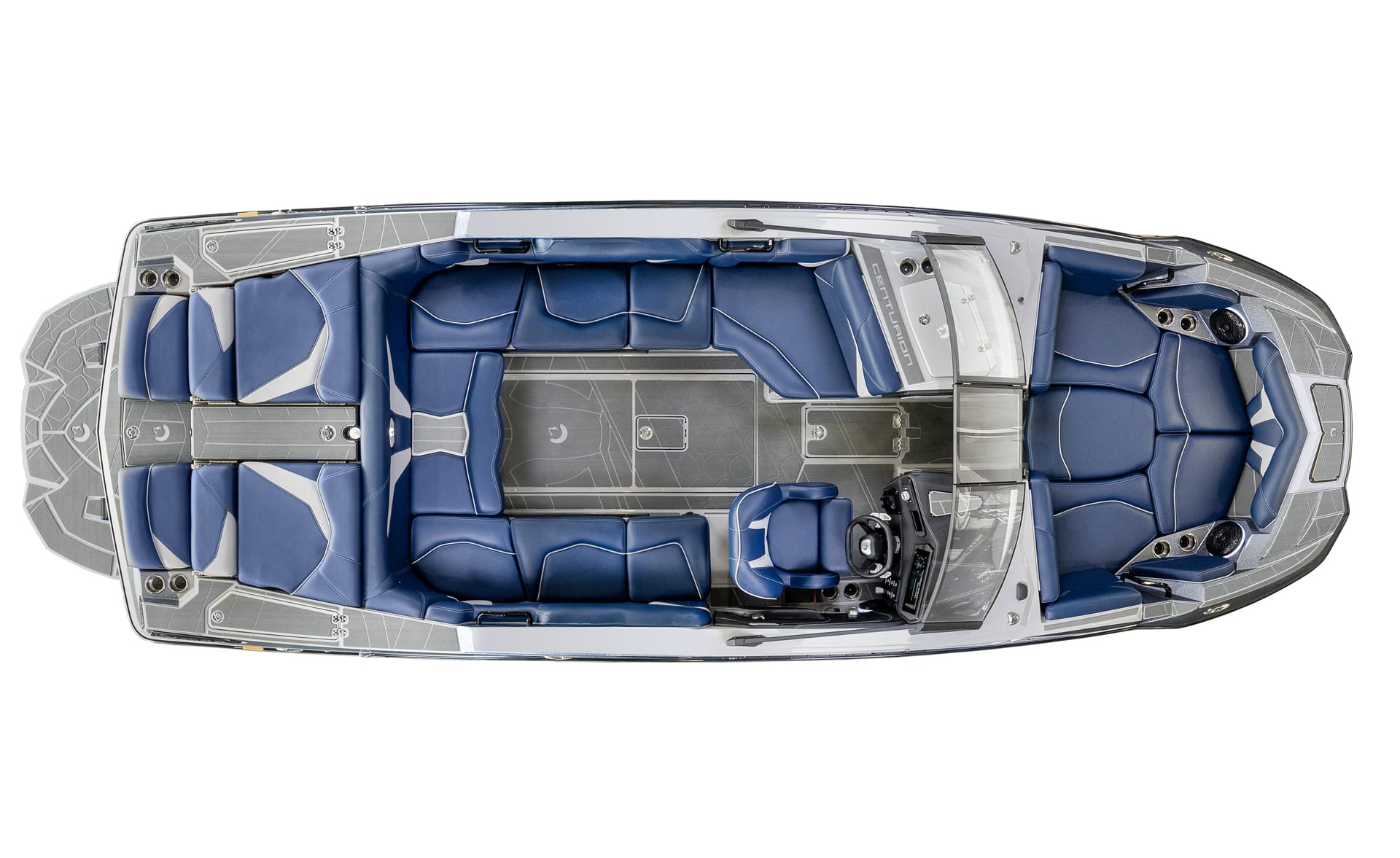 Top-down view of a modern Centurion Fe22 with blue cushioned seating, a central control console, and open interior layout.
