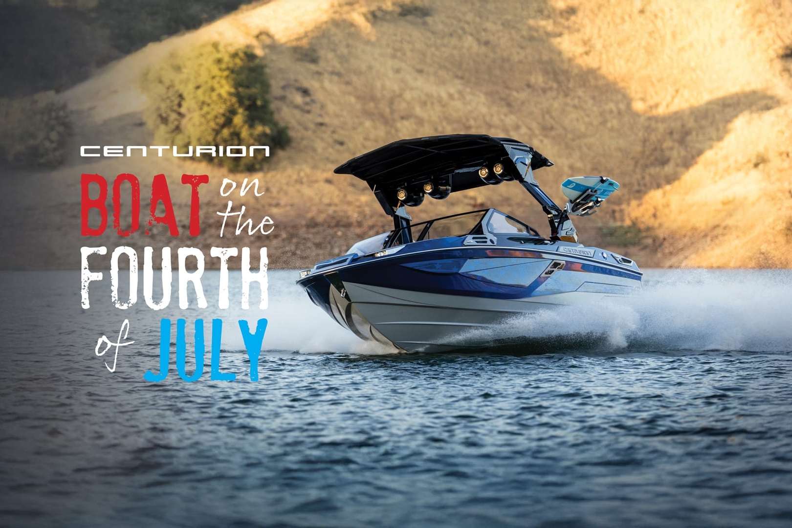 A blue and white speedboat moves quickly across a lake with hills in the background. Text reads, 