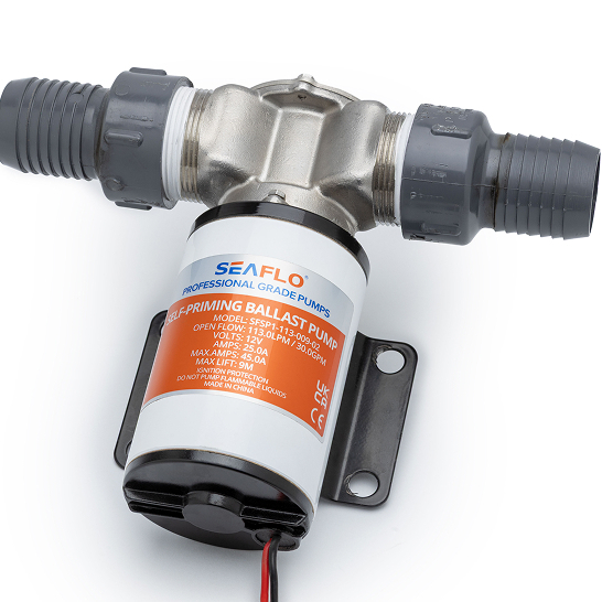 A SEAFLO Ri Series self-priming ballast pump with gray inlet and outlet fittings, labeled with specifications and mounted on a white surface, features personal convenience in installation and use.
