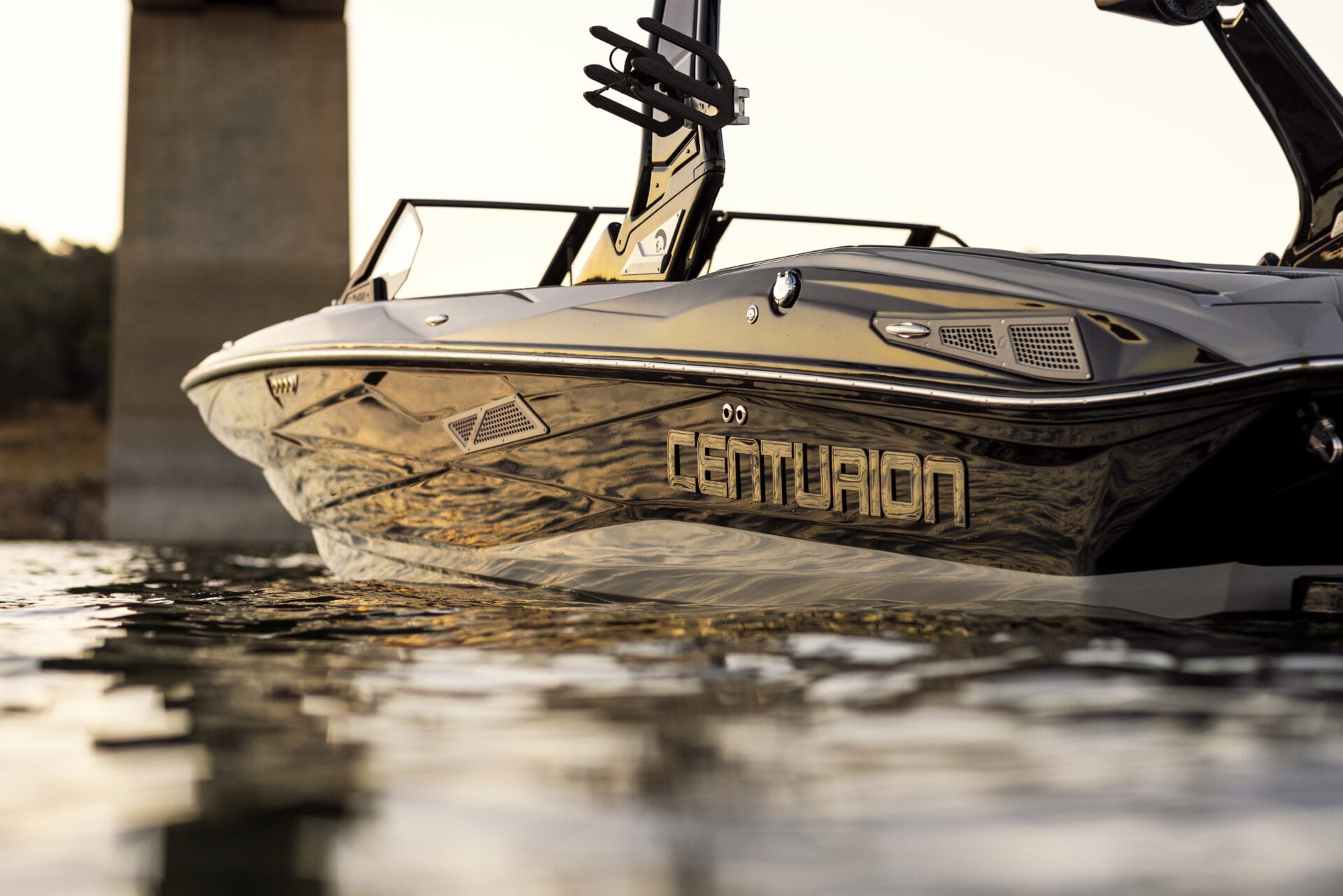 A sleek motorboat with the brand name 