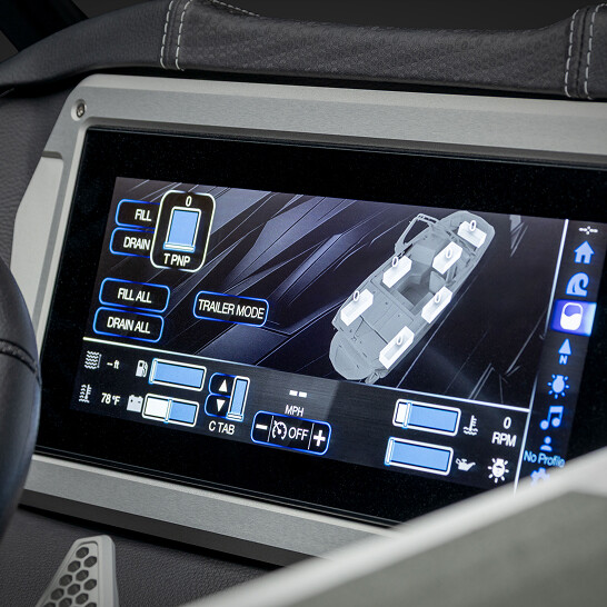 Close-up view of a digital touchscreen control panel from the Nv Series, displaying various boat functions and features personal settings like fill, drain, and trailer mode options.