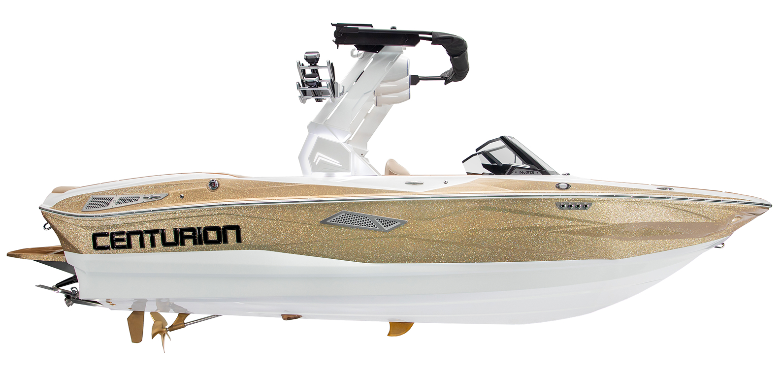 A gold and white Centurion Nv213 speedboat with a black wakeboard tower and mounted equipment, shown isolated on a white background.