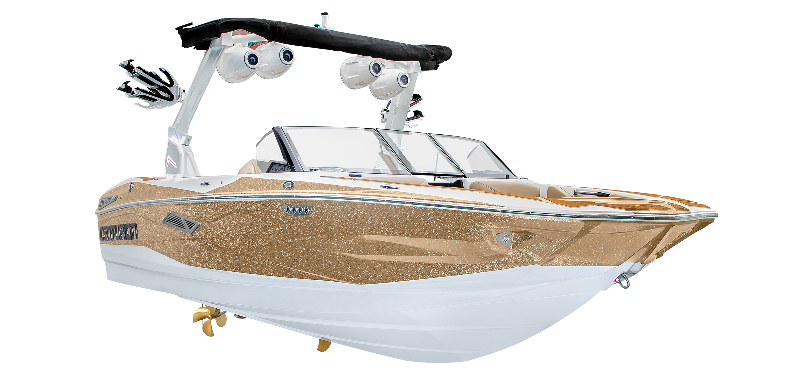 A gold and white Centurion Nv213 wakeboard boat with a black overhead rack, speakers, and wakeboard holders, viewed from a front angle on a white background.