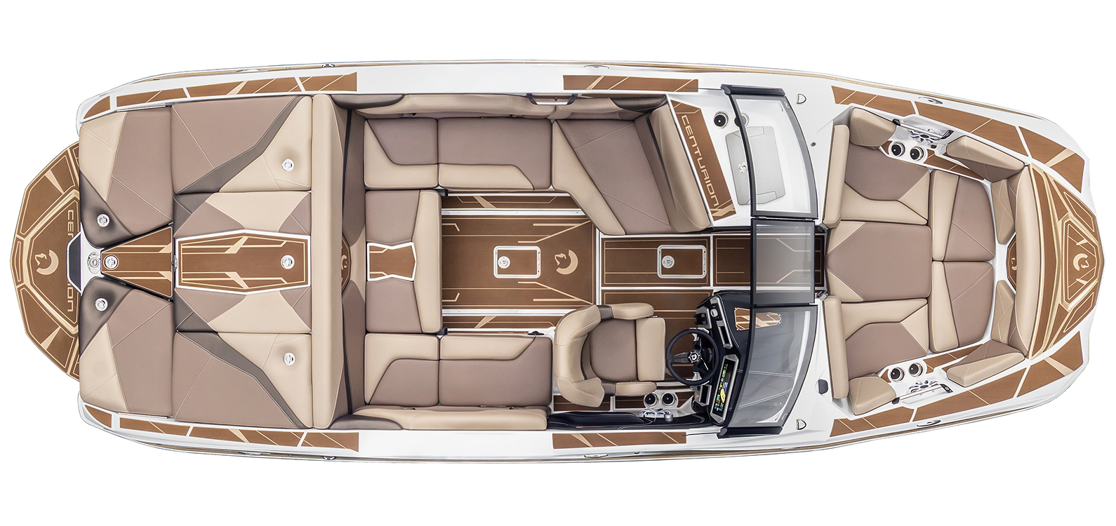 Top-down view of a Centurion Nv213 surf boat with tan and brown cushioned seating, open cockpit, and steering console, highlighting its spacious and stylish interior layout.