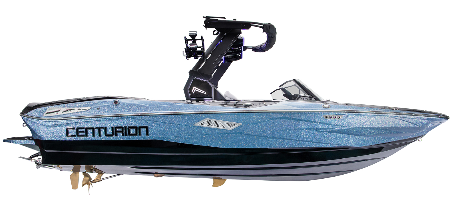 A blue Centurion Nv233 wake boat with a black wakeboard tower and tinted windshield, viewed from the side on a white background.