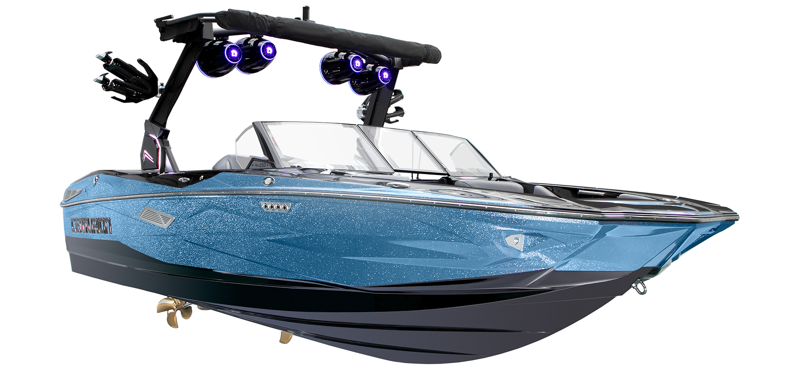 A blue, modern Centurion Nv233 wakeboard boat with black trim, overhead speakers, and a glass windshield, isolated on a white background.