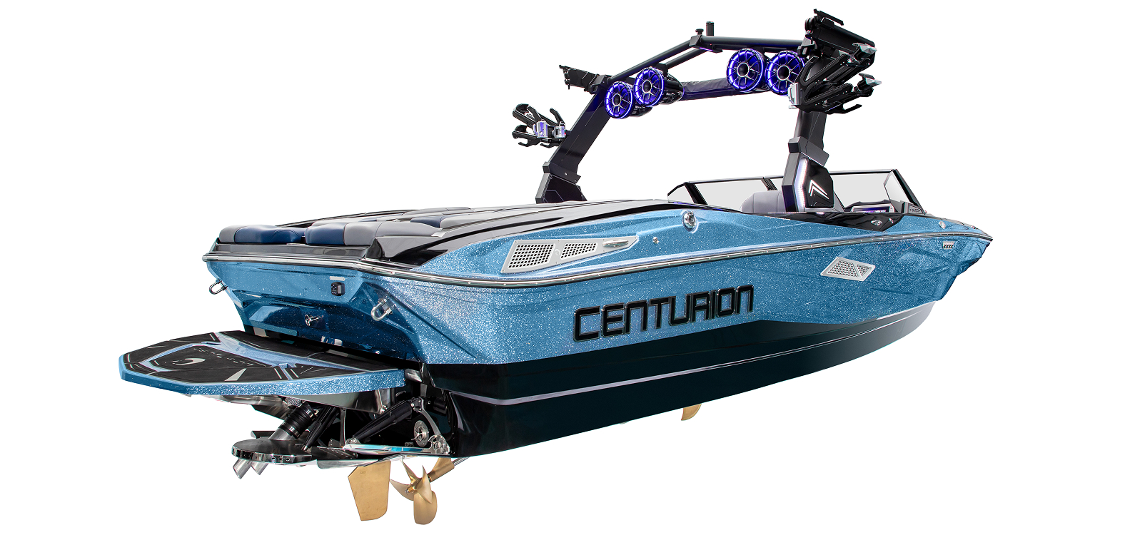 A blue Centurion Nv233 speedboat with black accents, tower speakers, and wakeboard racks is viewed from the rear left on a white background.
