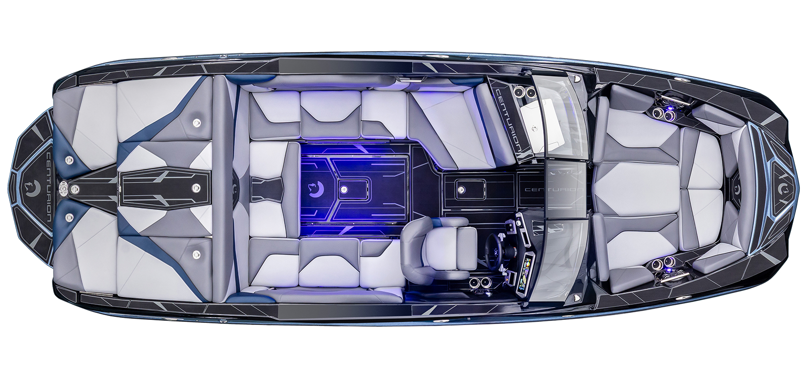 Top view of a modern Centurion Nv233 speedboat with gray and black cushioned seating, illuminated blue lighting, and a central console with steering controls.