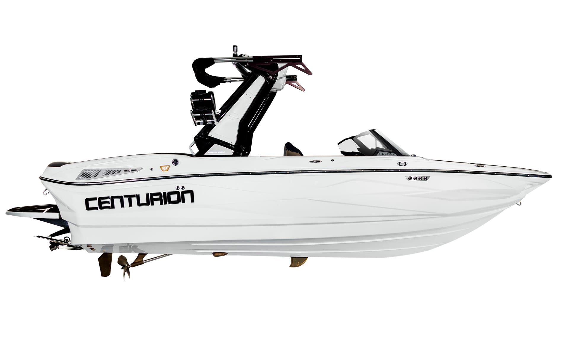 White Centurion Nv213 surf boat with black accents, a wakeboard tower, and bold