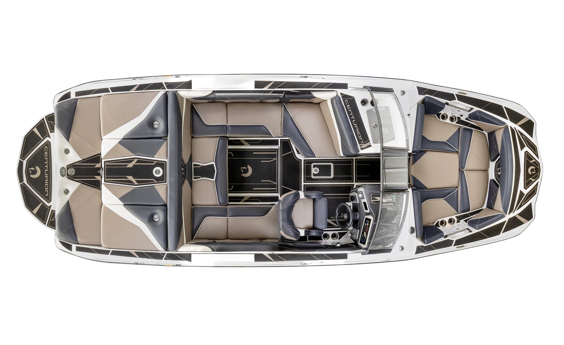 Top-down view of a Centurion Nv213 with tan and black cushioned seating, a central console, and a steering area with controls toward the front right.