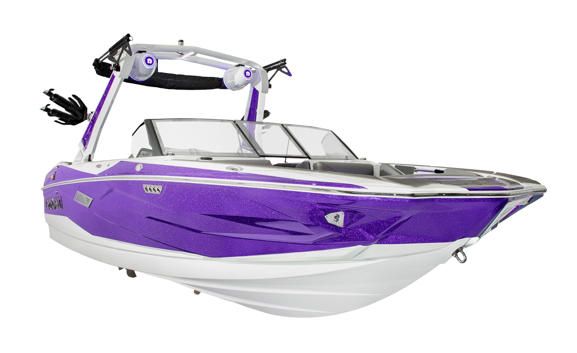 A purple and white Centurion Nv233 speedboat with a wakeboard tower and open bow seating, viewed from the front right angle on a white background.