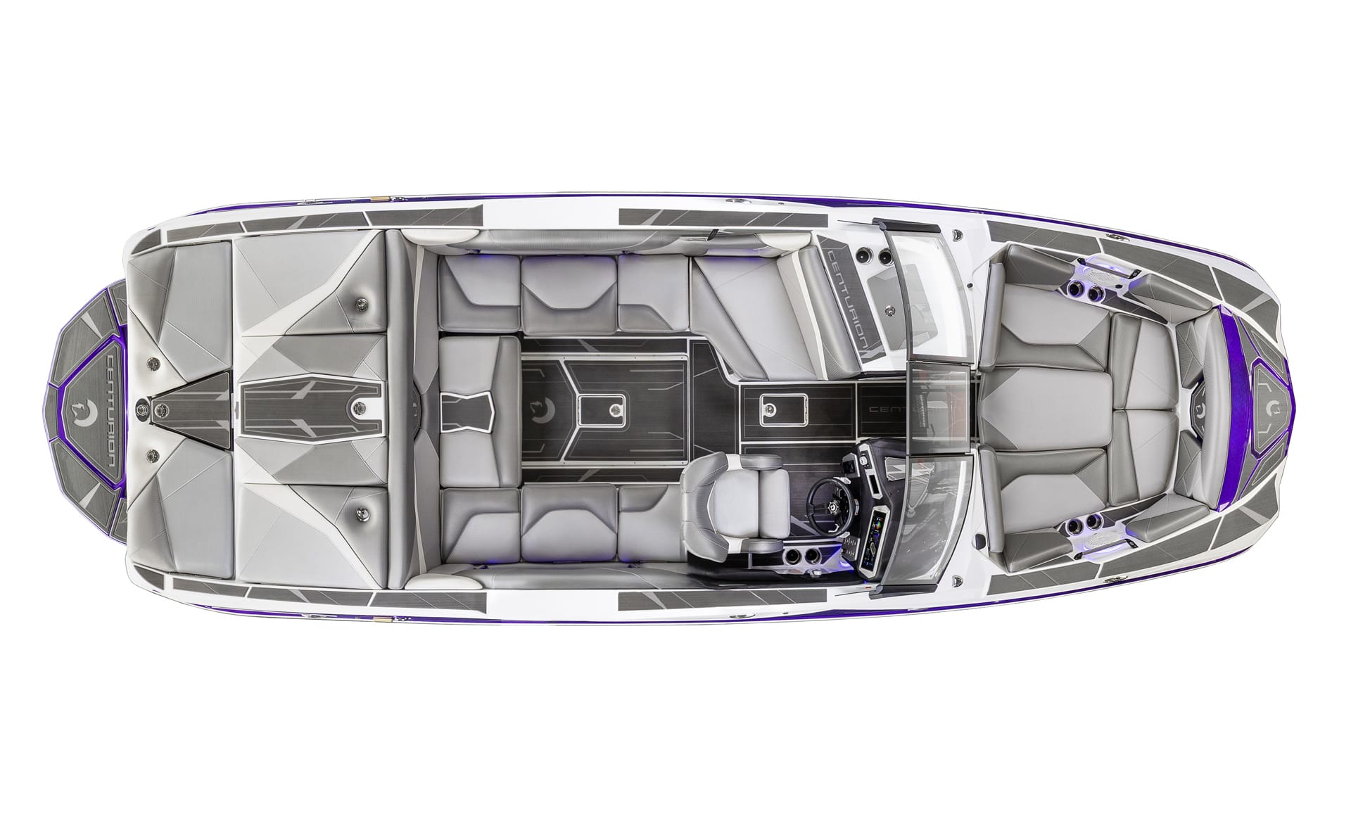 Top view of the Nv233 Surf Boat shows a modern design with gray and purple accents, multiple seating areas, a control console, and a sleek interior layout.