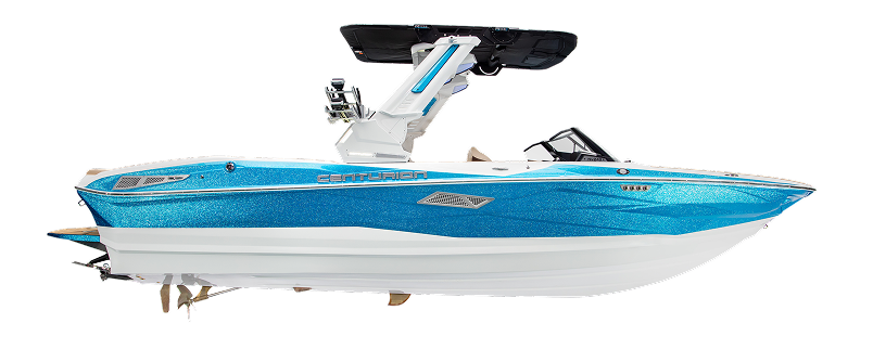 A blue and white Centurion Nv213 wake boat with a wakeboard tower, viewed from the side against a plain white background.