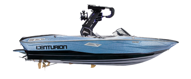 A blue Centurion Nv213 wake boat with a black wakeboard tower and silver accents, shown against a plain white background.