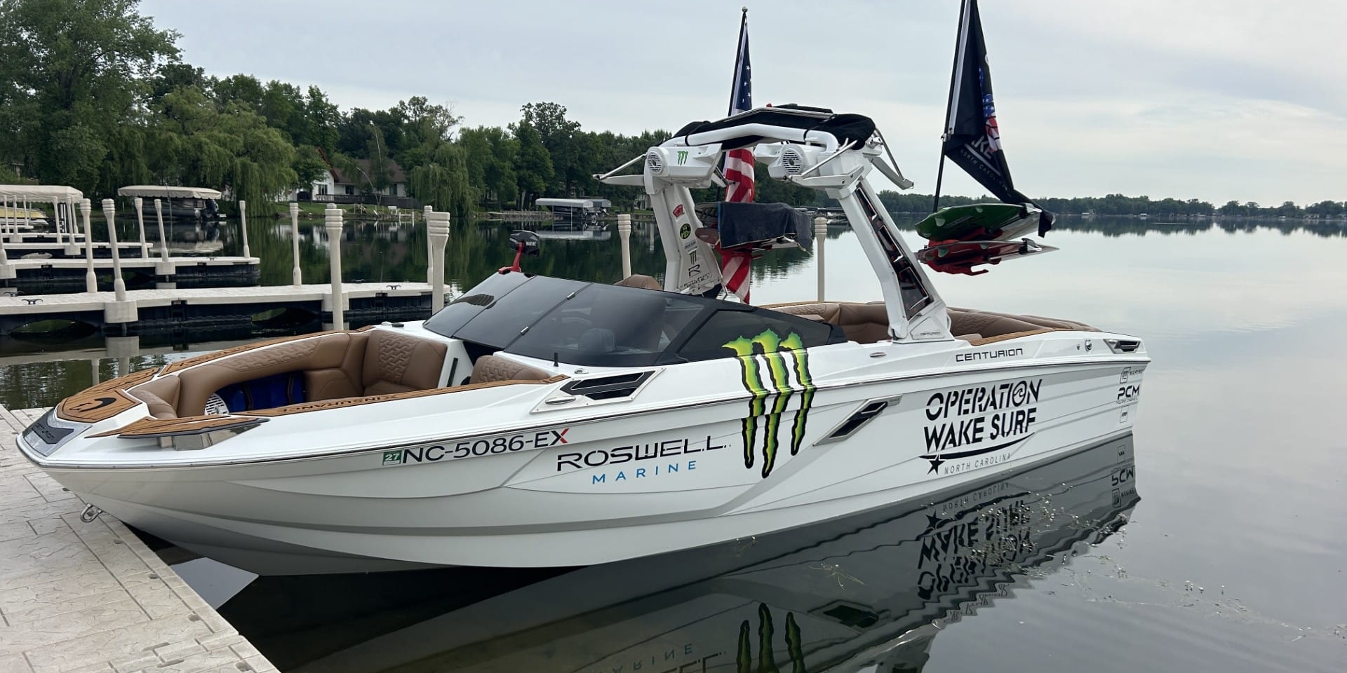 A white Centurion boat with 