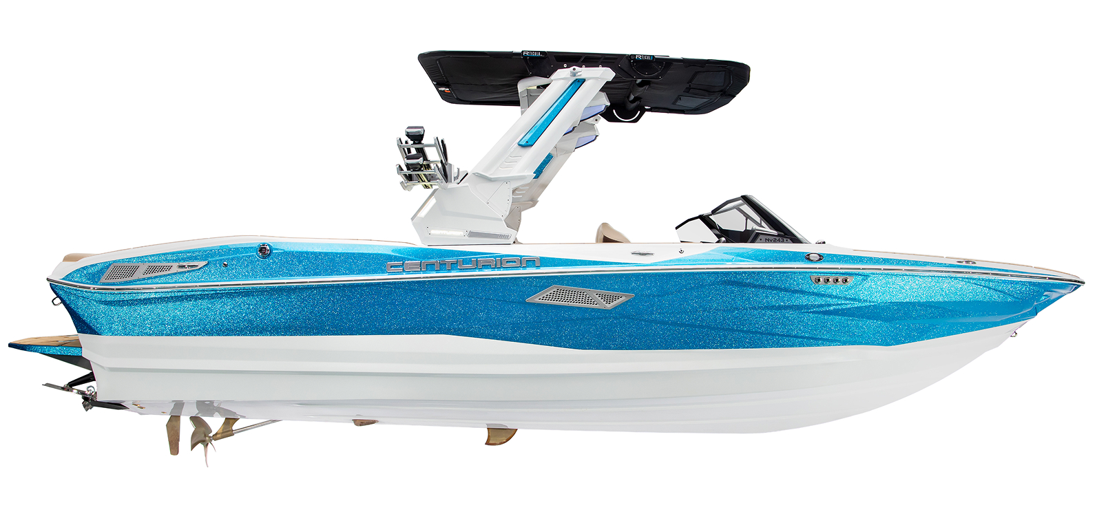 A blue and white Centurion Nv243 speedboat with a wakeboard tower, shown from the side on a white background.