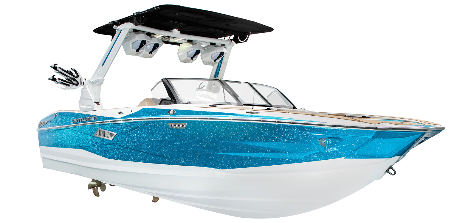 A blue and white Nv243 Wake Boat with a black roof, speakers, and wakeboard racks is shown isolated on a white background.