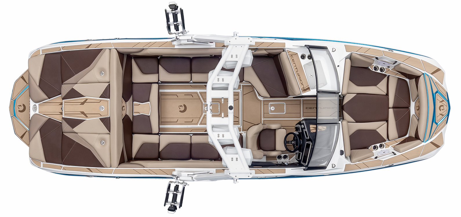 Top-down view of a modern Centurion Nv243 speedboat with tan and brown cushioned seating, a steering console, and wakeboard racks on both sides.