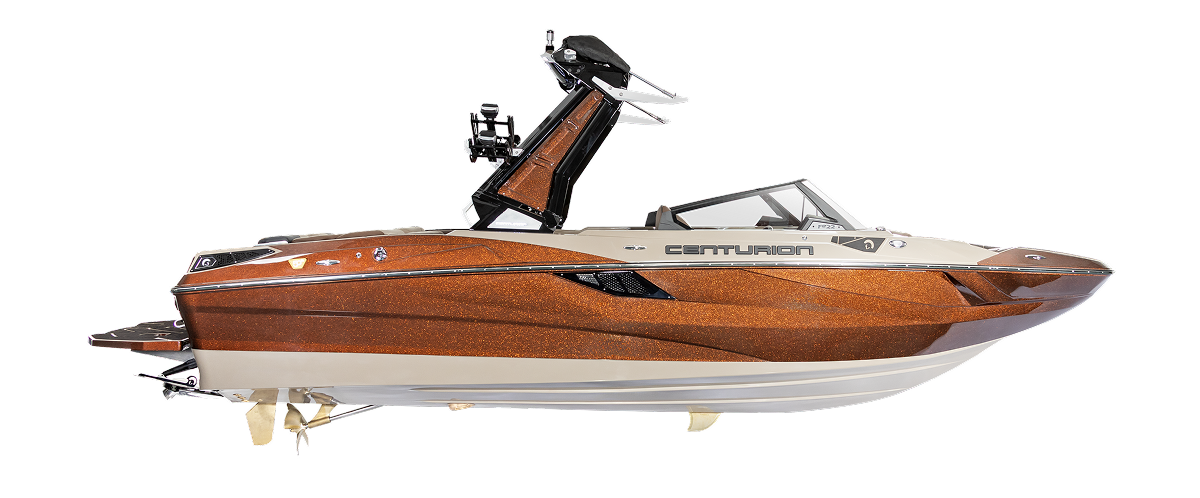 A brown and white Centurion motorboat, one of the latest Centurion Boat models, features an elevated wakeboard tower and is shown from the side against a white background.