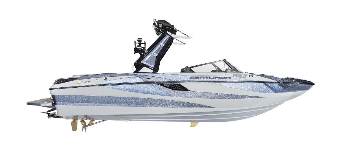 Side view of a modern silver and blue Centurion Boat model with a wakeboard tower, from the 2026 Models lineup, shown isolated on a white background.