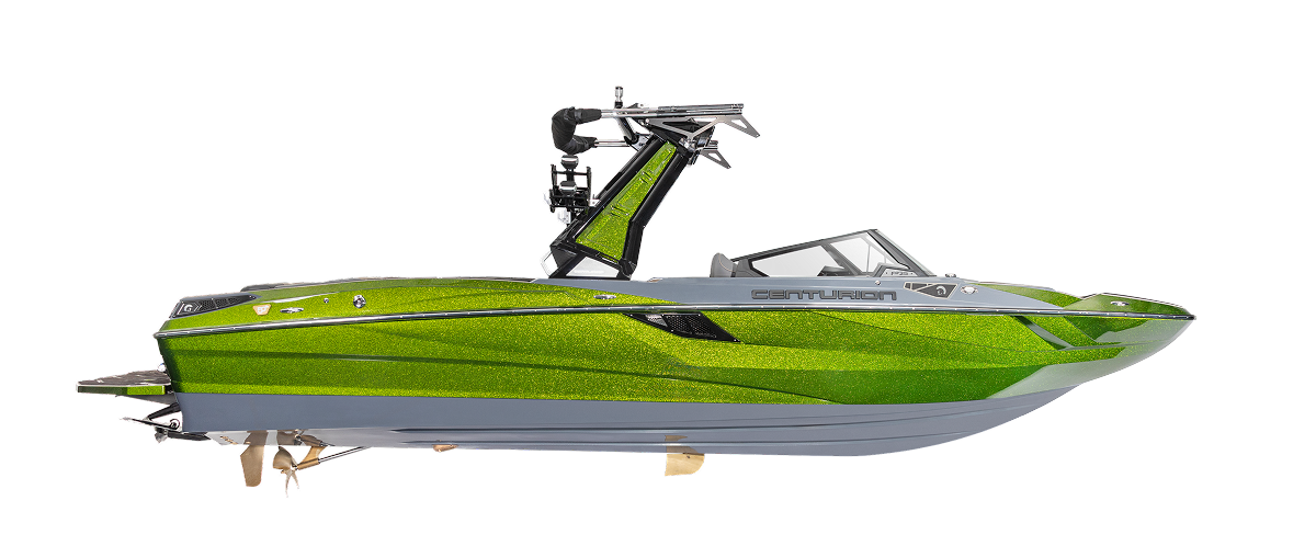 A green and gray Centurion powerboat with a wakeboard tower, photographed from the side on a white background, showcases the sleek design of the latest Centurion Boats.