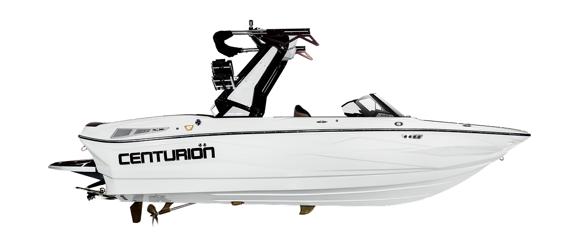 A white Centurion speed boat from the latest Centurion Boat models, featuring a black wakeboard tower and visible propeller and rudder, viewed from the side against a white background.