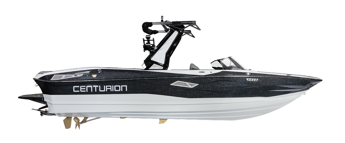 A black and white Centurion speedboat with a sleek design, tower, and visible propeller, viewed from the side against a white background—one of the latest Centurion Boats 2026 models.