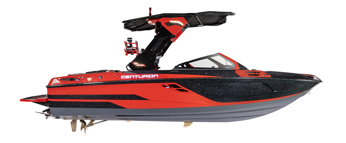 A red and black Centurion speedboat from the 2026 Models lineup, featuring a wakeboard tower and seating area, is displayed on a white background.