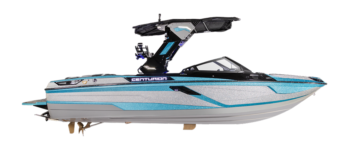 A modern blue and white Centurion motorboat with a black roof and wakeboard tower, showcasing the sleek design of the latest Centurion Boat models against a white background.