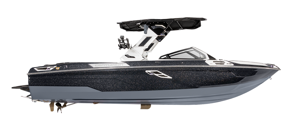 A black and gray Centurion Ri265 boat with a wakeboard tower, viewed from the side against a white background, highlights the sleek design of Centurion Boat models from the latest 2026 Models lineup.