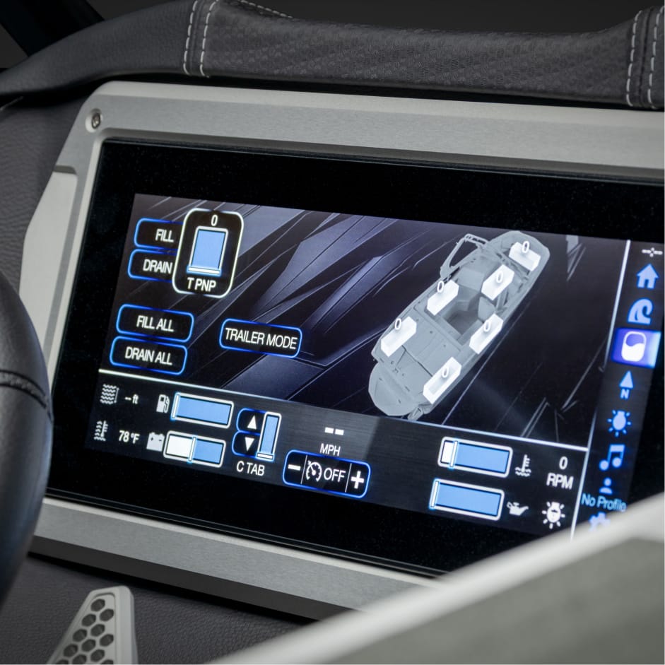 A screen displays a vehicle featuring Opti-V Hull technology.