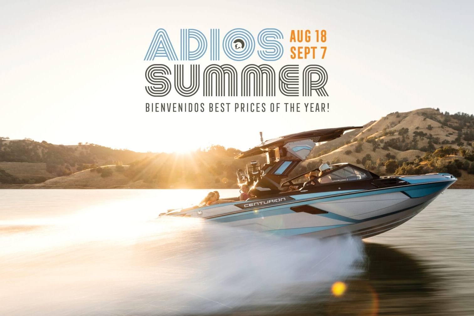 A speedboat on a lake with two people onboard; text above reads 