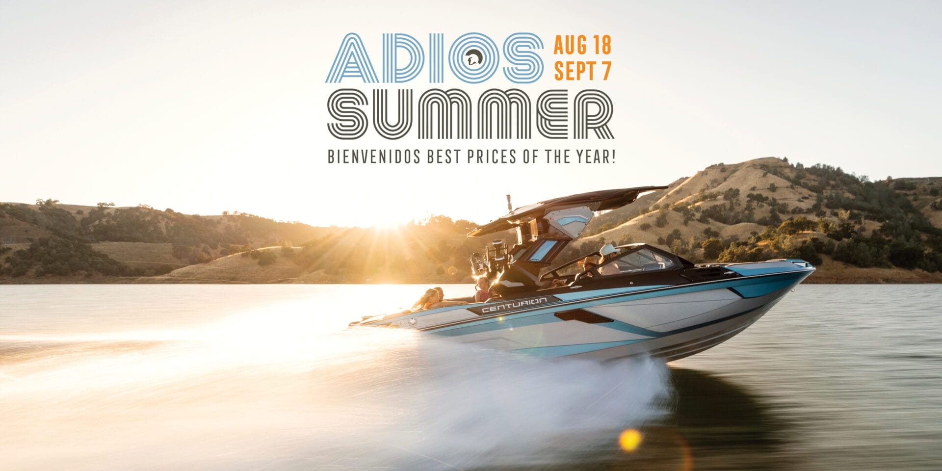 A speedboat on a lake with two people onboard; text above reads 