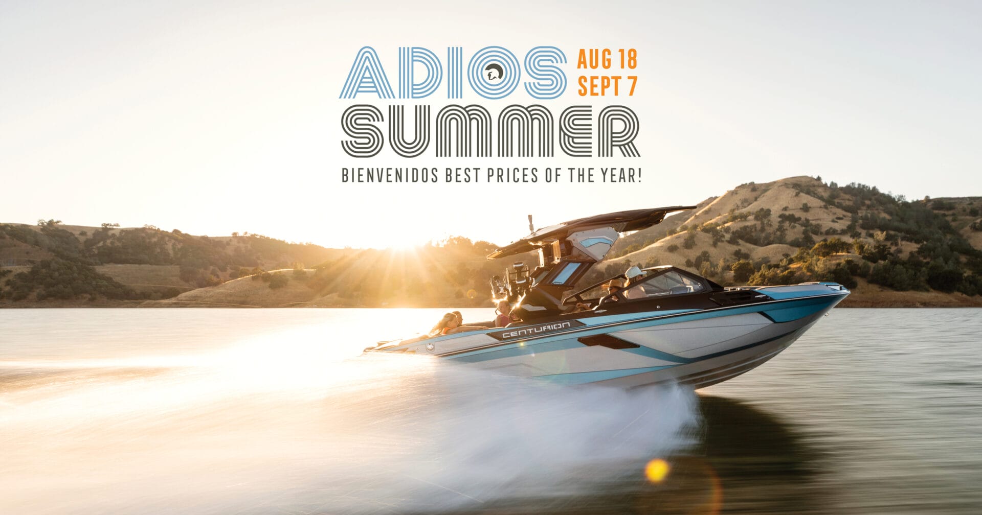 A speedboat on a lake with two people onboard; text above reads 